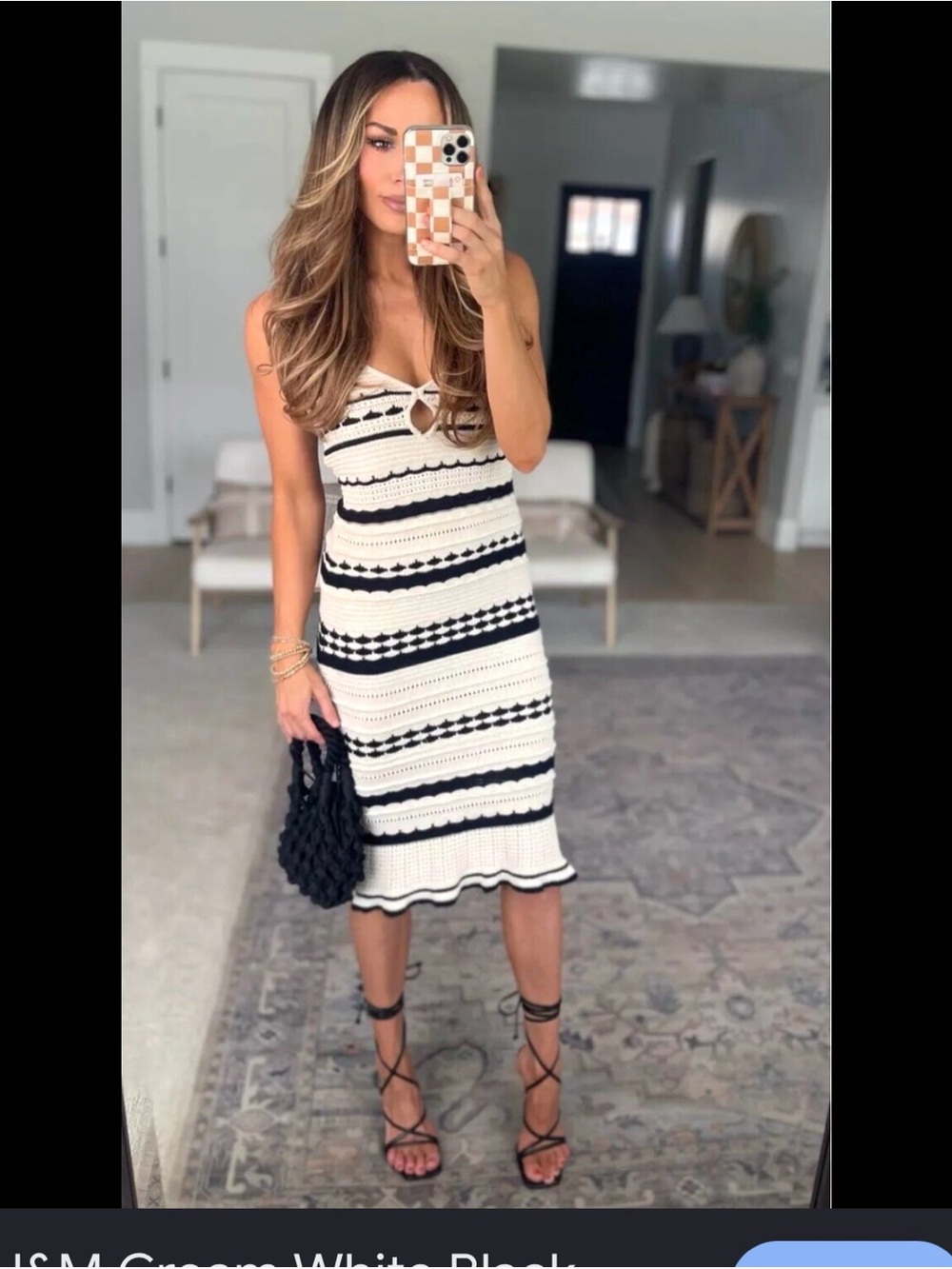 H&M Cream and Black Striped Knit Midi Dress
